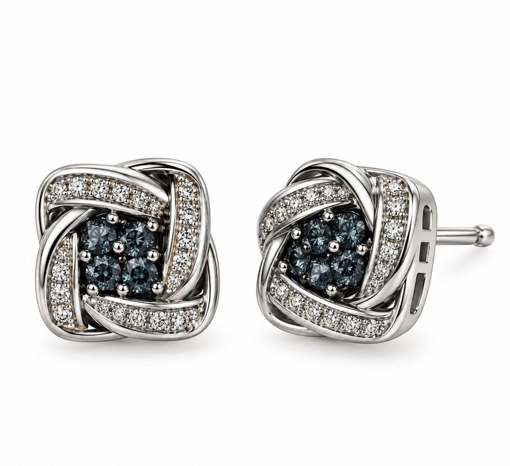 925 Sterling Silver Blue & White Diamond Cluster Stud Earrings Swirl Knot Design